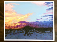 Load image into Gallery viewer, print of painting of peach, gold, and purple sunset in front of pale blue sky over darkening sand dunes with sea oats