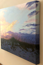 Load image into Gallery viewer, side view of acrylic painting of peach, gold, and purple sunset in front of pale blue sky over darkening sand dunes with sea oats
