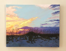 Load image into Gallery viewer, acrylic painting of peach, gold, and purple sunset in front of pale blue sky over darkening sand dunes with sea oats