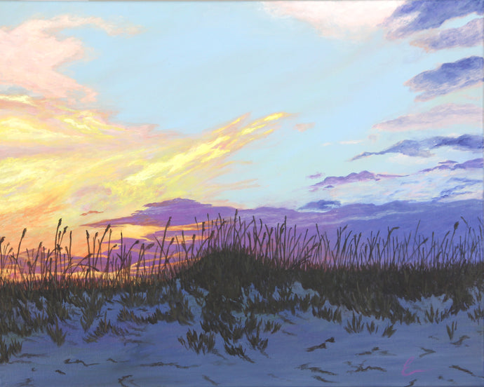 acrylic painting of peach, gold, and purple sunset in front of pale blue sky over darkening sand dunes with sea oats