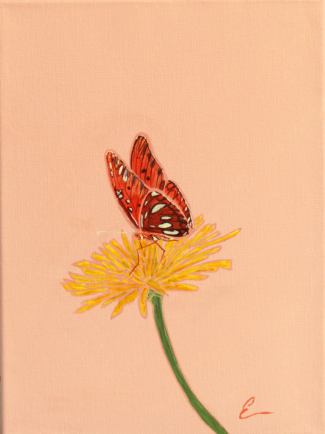 GULF FRITILLARY AND YELLOW ZINNIA 9X12 original