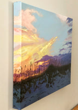 Load image into Gallery viewer, side view of acrylic painting of peach, gold, and purple sunset in front of pale blue sky over darkening sand dunes with sea oats
