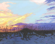 Load image into Gallery viewer, acrylic painting of peach, gold, and purple sunset in front of pale blue sky over darkening sand dunes with sea oats
